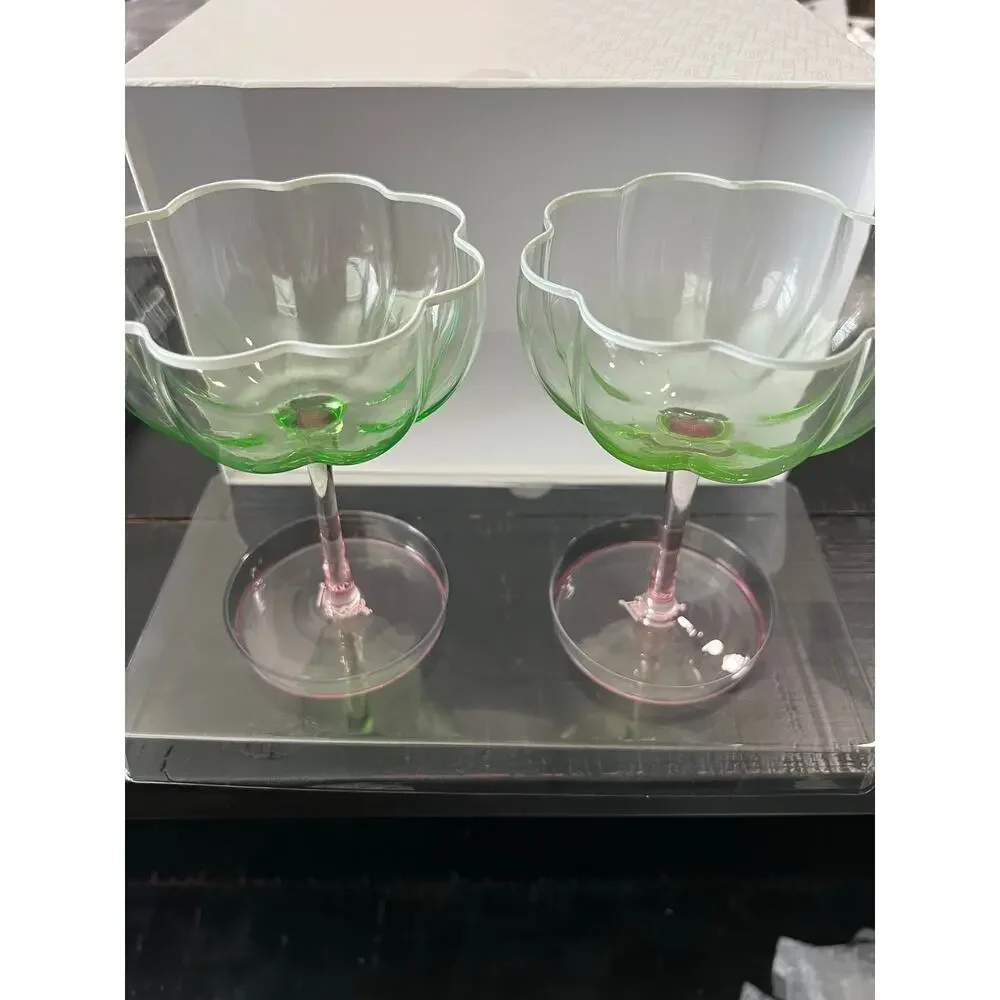 NIB Lilly Pulitzer Coupe Glass Set of 2 – Jade Lime & Pink Muse Two-Tone Ombre